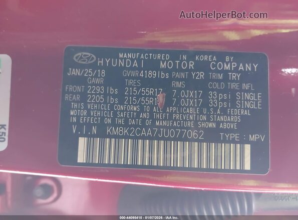 KM8K2CAA7JU077062 2018 HYUNDAI KONA Red Շարժիչի բաժամունքի տեսք