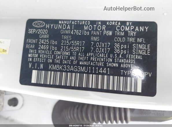 KM8K33AG3MU111441 2021 HYUNDAI KONA ELECTRIC White Widok komory silnika