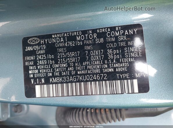 KM8K33AG7KU024672 2019 HYUNDAI KONA EV Teal 