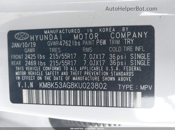 KM8K53AG8KU023802 2019 HYUNDAI KONA EV Белый Вид подкапотного пространства