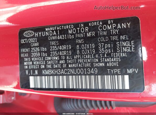 KM8KH3AC2NU001349 2022 HYUNDAI KONA N Red ძრავის განყოფილების ხედი