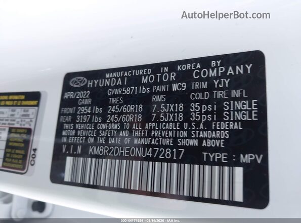 KM8R2DHE0NU472817 2022 HYUNDAI PALISADE White ძრავის განყოფილების ხედი