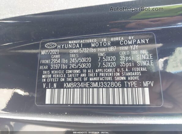 KM8R34HE3MU332806 2021 HYUNDAI PALISADE Navy Widok komory silnika