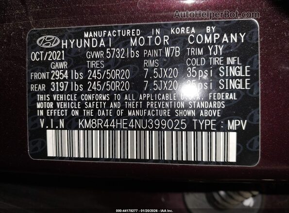 KM8R44HE4NU399025 2022 HYUNDAI PALISADE Фиолетовый Вид подкапотного пространства