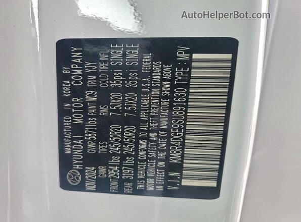 KM8R4DGE9SU891630 2025 HYUNDAI PALISADE White VIN კოდის სტიკერის ხედი