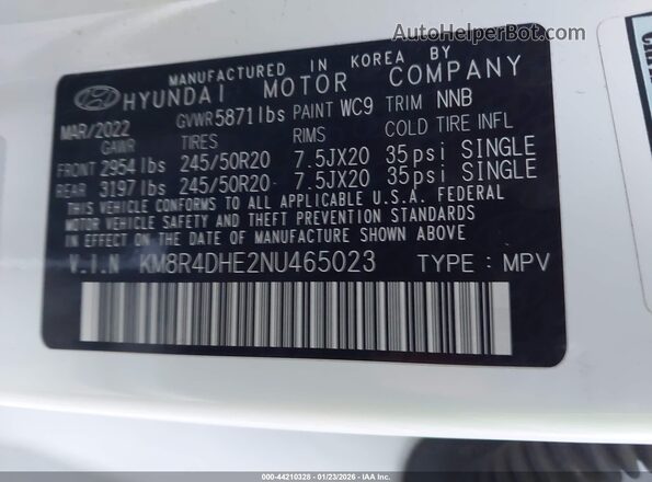 KM8R4DHE2NU465023 2022 HYUNDAI PALISADE White 