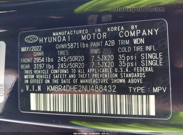 KM8R4DHE2NU488432 2022 HYUNDAI PALISADE Black Vista del compartimento del motor