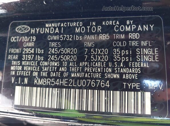 KM8R54HE2LU076764 2020 HYUNDAI PALISADE Black Widok komory silnika