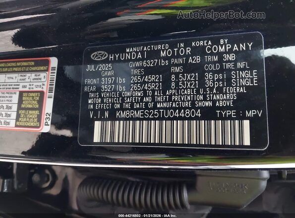 KM8RMES25TU044804 2026 HYUNDAI PALISADE Black Вид підкапотного простору