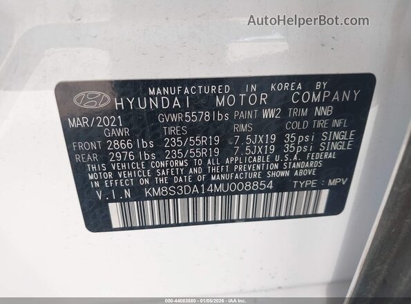 KM8S3DA14MU008854 2021 HYUNDAI SANTA FE HYBRID White Вид підкапотного простору