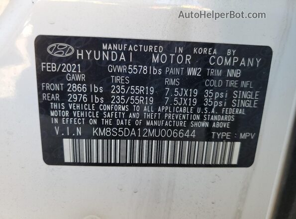 KM8S5DA12MU006644 2021 HYUNDAI SANTA Белый Панорамный вид салона 360°