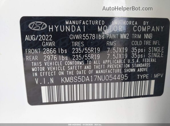 KM8S5DA17NU054495 2022 HYUNDAI SANTA FE HYBRID White Widok komory silnika