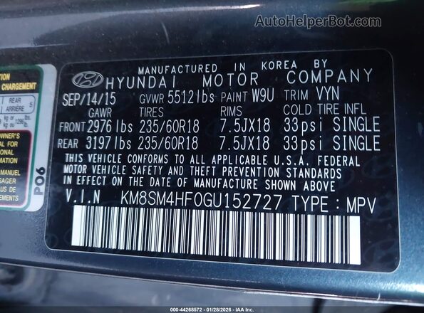 KM8SM4HF0GU152727 2016 HYUNDAI SANTA FE Gray Շարժիչի բաժամունքի տեսք