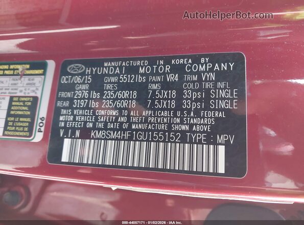KM8SM4HF1GU155152 2016 HYUNDAI SANTA FE Red Widok komory silnika