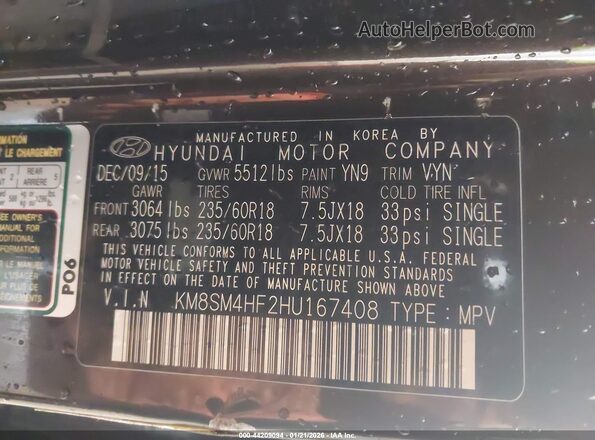 KM8SM4HF2HU167408 2017 HYUNDAI SANTA FE Dark Brown Вид підкапотного простору