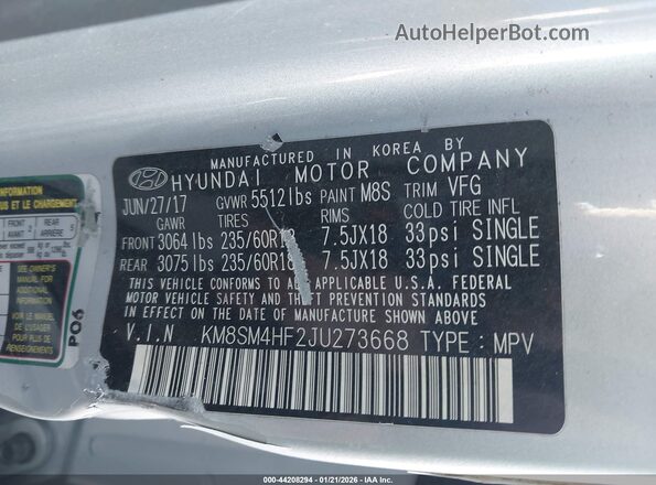 KM8SM4HF2JU273668 2018 HYUNDAI SANTA FE Серебряный Вид подкапотного пространства