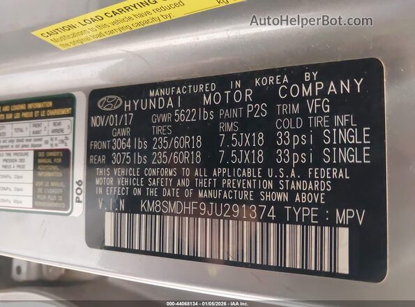 KM8SMDHF9JU291374 2018 HYUNDAI SANTA FE Silver Շարժիչի բաժամունքի տեսք