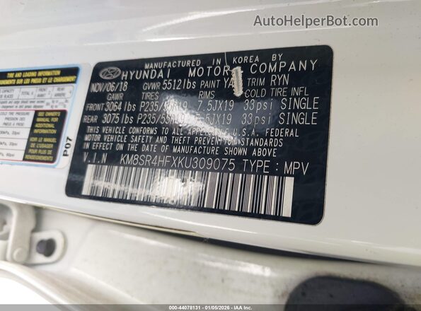 KM8SR4HFXKU309075 2019 HYUNDAI SANTA FE XL White 
