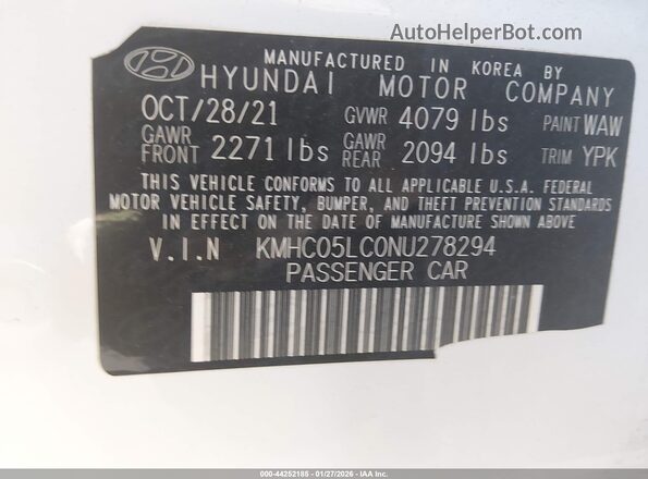 KMHC05LC0NU278294 2022 HYUNDAI IONIQ HYBRID White Вид підкапотного простору