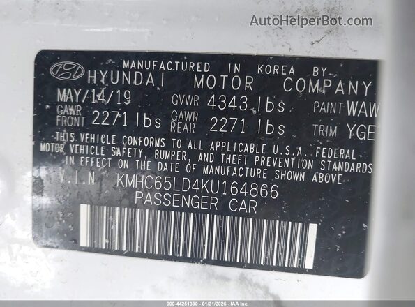 KMHC65LD4KU164866 2019 HYUNDAI IONIQ PLUG-IN HYBRID White Вид підкапотного простору