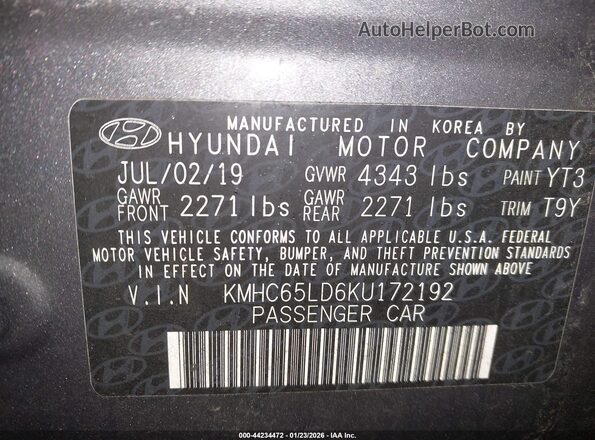 KMHC65LD6KU172192 2019 HYUNDAI IONIQ PLUG-IN HYBRID Gray Widok komory silnika