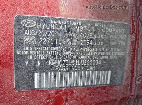 KMHC75LC1LU233034 2020 HYUNDAI IONIQ Red Widok naklejki z numerem VIN
