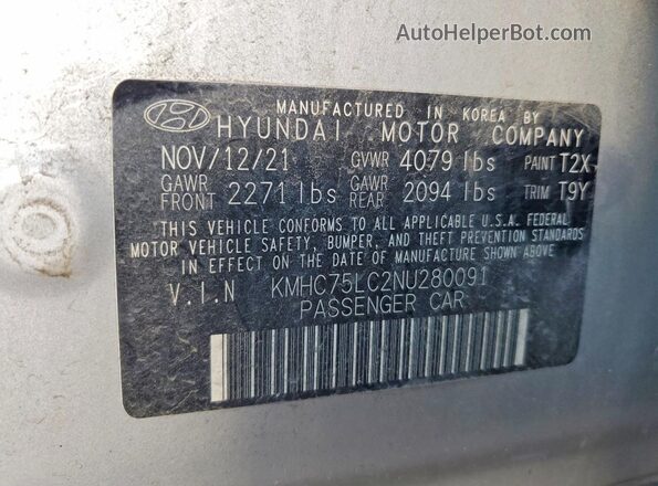 KMHC75LC2NU280091 2022 HYUNDAI IONIQ Silver 