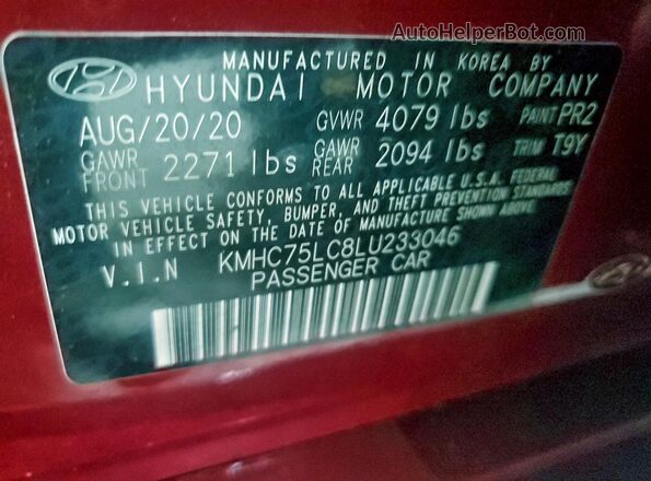KMHC75LC8LU233046 2020 HYUNDAI IONIQ Red VIN კოდის სტიკერის ხედი