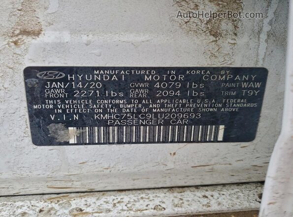 KMHC75LC9LU209693 2020 HYUNDAI IONIQ White VIN sticker view