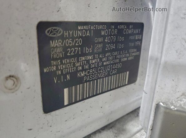 KMHC85LC2LU214490 2020 HYUNDAI IONIQ White VIN კოდის სტიკერის ხედი