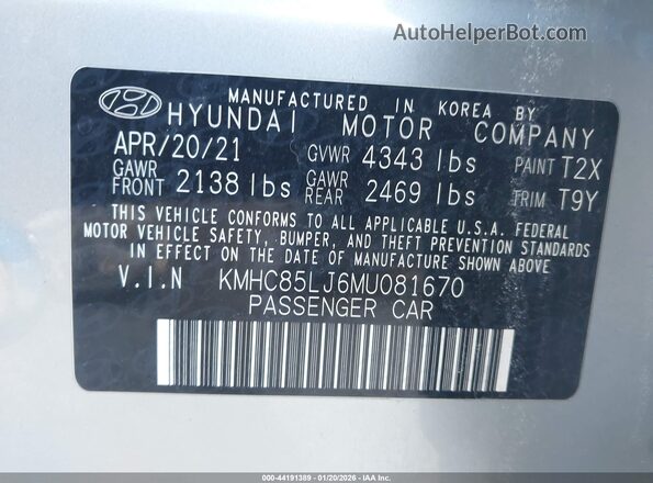 KMHC85LJ6MU081670 2021 HYUNDAI IONIQ ELECTRIC Silver Вид підкапотного простору