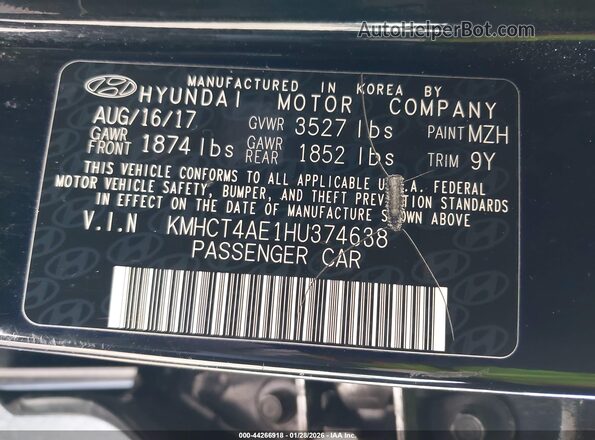 KMHCT4AE1HU374638 2017 HYUNDAI ACCENT Black Engine compartment view