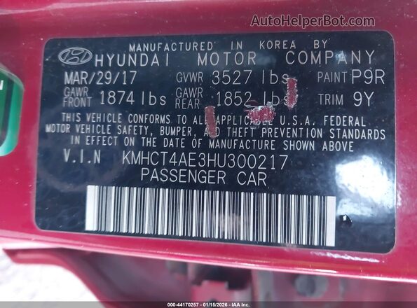 KMHCT4AE3HU300217 2017 HYUNDAI ACCENT Red Вид підкапотного простору