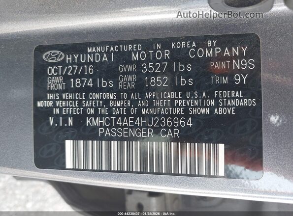 KMHCT4AE4HU236964 2017 HYUNDAI ACCENT Gray ძრავის განყოფილების ხედი