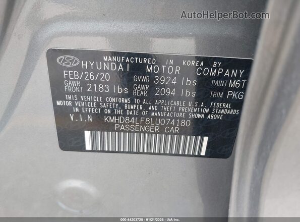 KMHD84LF8LU074180 2020 HYUNDAI ELANTRA Gray Вид підкапотного простору