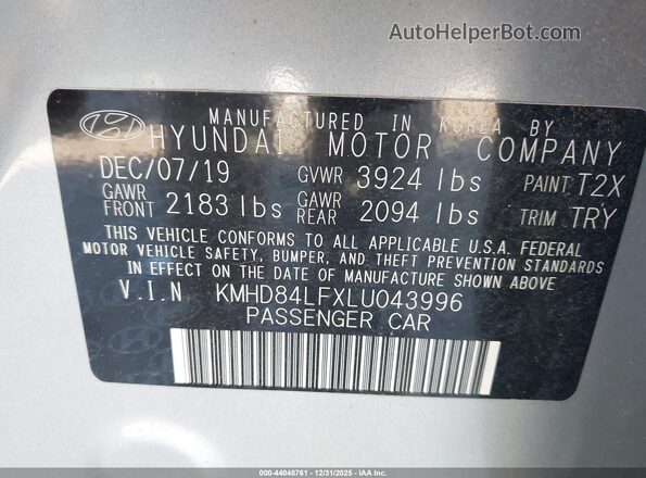KMHD84LFXLU043996 2020 HYUNDAI ELANTRA Silver Շարժիչի բաժամունքի տեսք