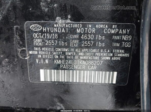 KMHE24L31KA088207 2019 HYUNDAI SONATA HYBRID Black Vista del compartimento del motor