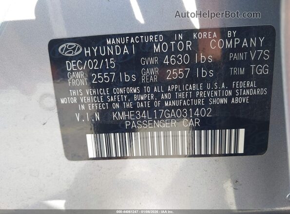 KMHE34L17GA031402 2016 HYUNDAI SONATA HYBRID Silver Engine compartment view