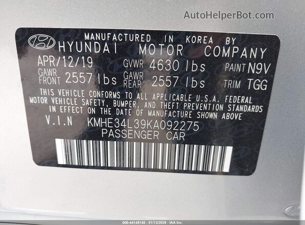 KMHE34L39KA092275 2019 HYUNDAI SONATA HYBRID Silver ძრავის განყოფილების ხედი