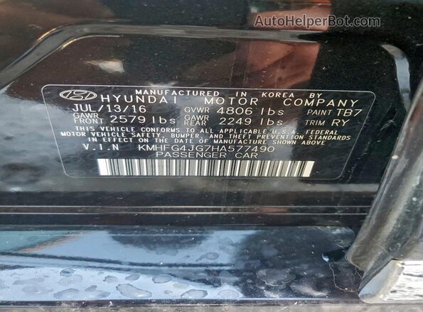 KMHFG4JG7HA577490 2017 HYUNDAI AZERA Black Vista de la etiqueta del VIN