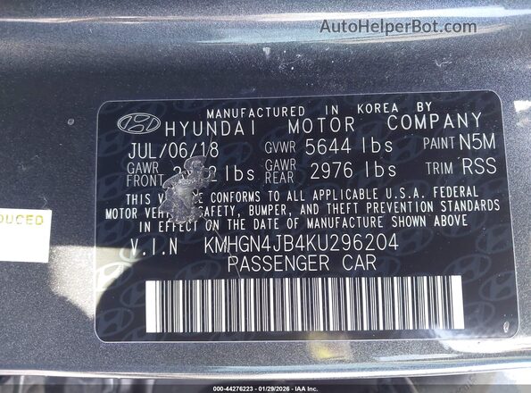 KMHGN4JB4KU296204 2019 GENESIS G80 Black Widok komory silnika