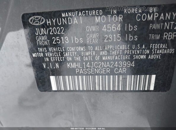 KMHL14JC2NA243994 2022 HYUNDAI SONATA Gray Engine compartment view