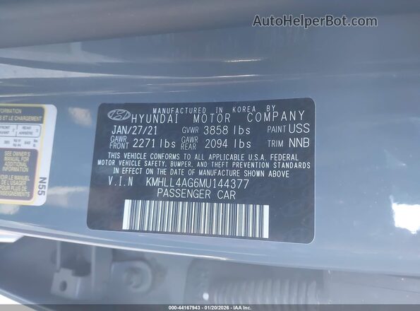 KMHLL4AG6MU144377 2021 HYUNDAI ELANTRA Gray Vista del compartimento del motor