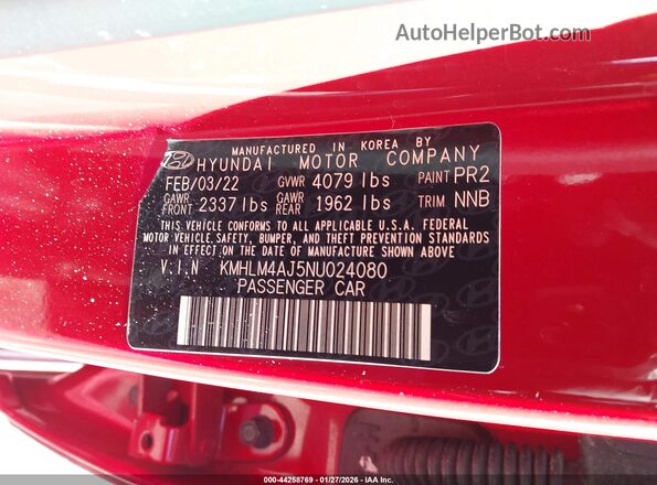 KMHLM4AJ5NU024080 2022 HYUNDAI ELANTRA HYBRID Red Շարժիչի բաժամունքի տեսք