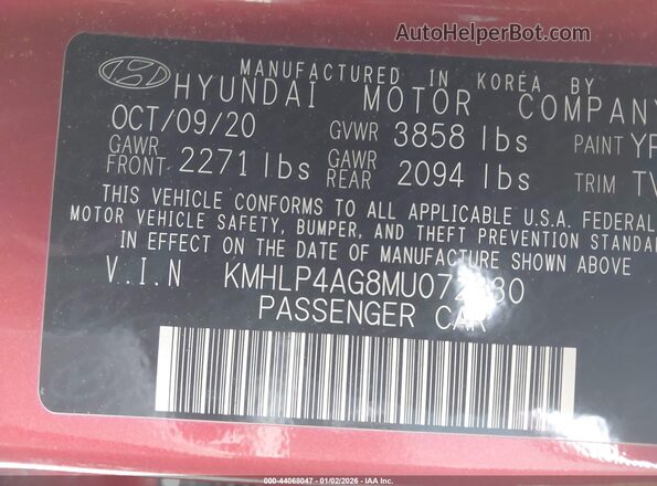 KMHLP4AG8MU072330 2021 HYUNDAI ELANTRA Red Շարժիչի բաժամունքի տեսք