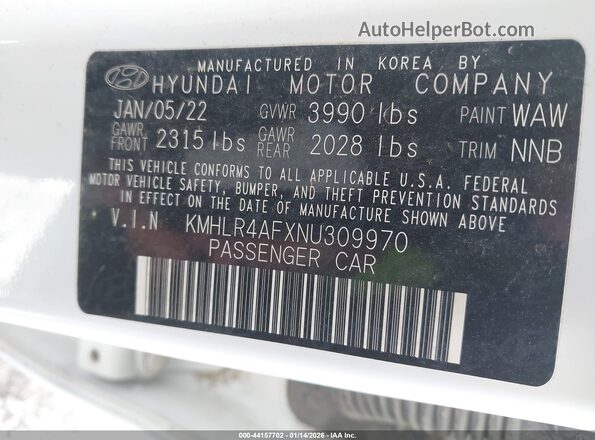 KMHLR4AFXNU309970 2022 HYUNDAI ELANTRA White Widok komory silnika