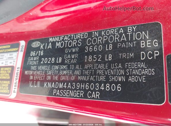 KNADM4A39H6034806 2017 KIA RIO Red 