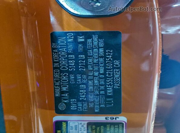 KNAE55LC2L6075422 2020 KIA STINGER Orange 