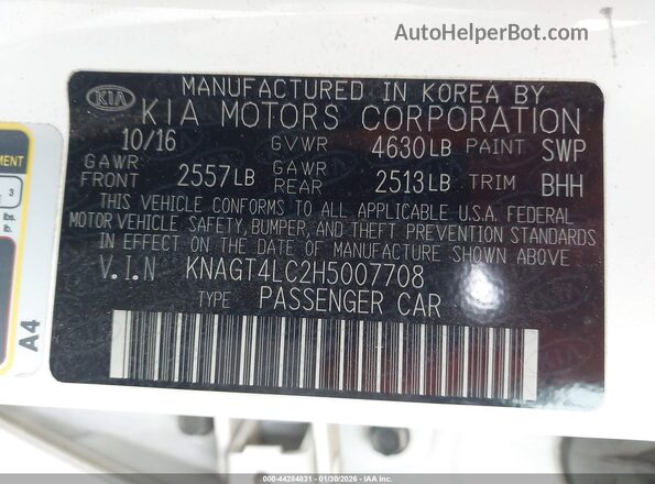 KNAGT4LC2H5007708 2017 KIA OPTIMA HYBRID White Շարժիչի բաժամունքի տեսք
