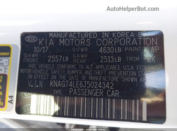KNAGT4LE6J5024342 2018 KIA OPTIMA HYBRID White Widok komory silnika